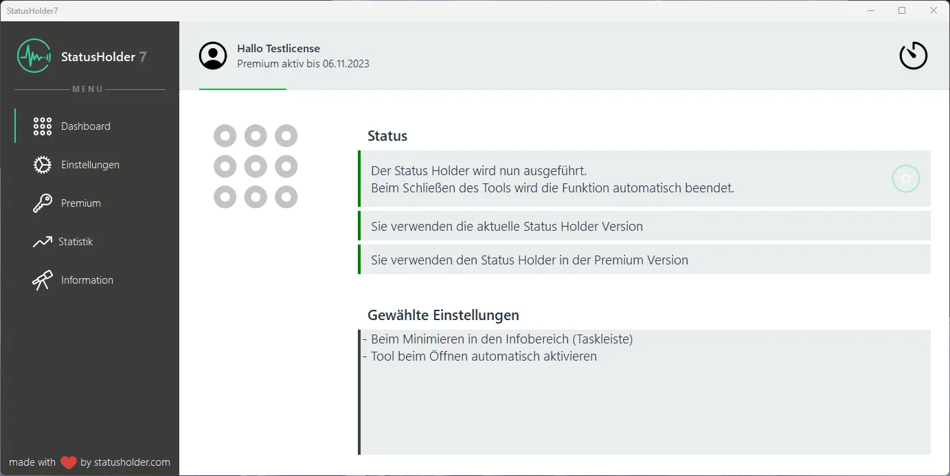 Das Dashboard des Status Holder 7 meldet: Der Status Holder wird nun ausgeführt.