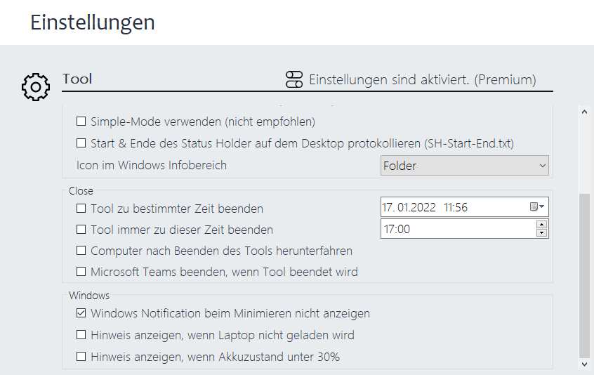 Status Holder settings